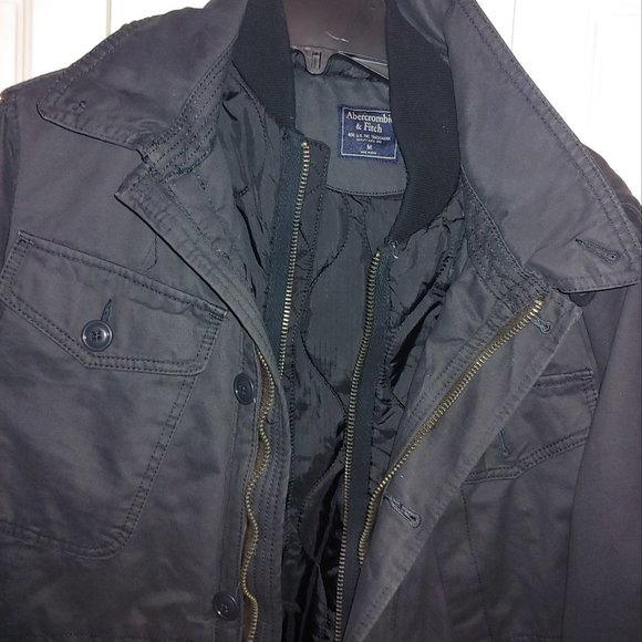 Abercrombie Charcoal Military Quilted Hoody Winter Jacket - Zip & Pull String - Picture 14 of 15